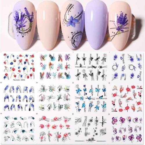12pcs Colorful Leaf Flower Water Decals Stripe Line Stickers for Nails Green Pumpkin Transfer Sliders Decoration Tips Wrap 1pc