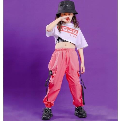 New Girls Hip Hop Clothing White Tops Red Pants Casual Overalls Street Dance Wear Jazz Performance Clothes Hip Hop Kids Wear