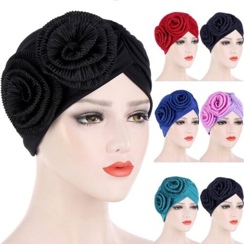 Solid Color Elastic Muslim Hijab Big Flower Decor Easy Cap Forehead Cross Jersey Hijabs Turban Headband Hair Accessories