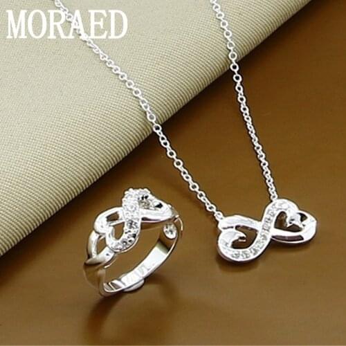 925 Sterling Silver Simple Double Love Heart Zircon Finger Rings Necklace Set For Women Wedding Party Jewelry