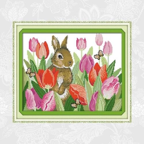 The rabbit in tulips Printed Fabric 14CT 11CT Cross Stitch kits Embroidery Handmade Needlework Accessory Sets Home Decoration