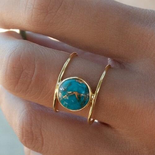 European And American Womens New Style Copper Plated 18k Gold Exaggerated Round Natural Turquoise Ring Ring