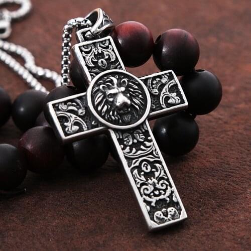Gothic Lion Stamp Cross Pendant Necklace For Men Punk Biker Stainless Steel Animal Lion Head Necklace Chain Jewelry Gift