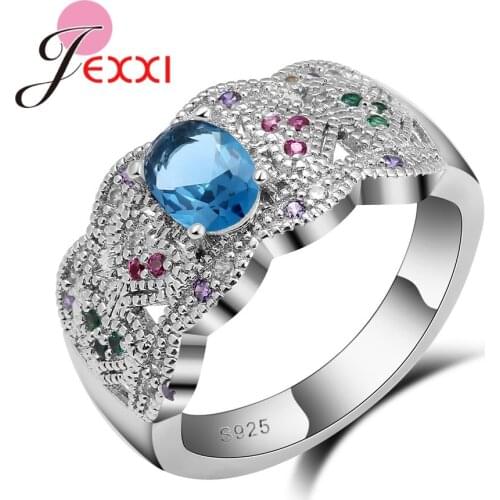 High Grade Luxurious Hollow Design 925 Sterling Silver Rings For Women Blue Rhinestone Wedding & anniversary gift