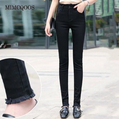 Women Black Skinny Pencil Pants 170-185cm Tall Girls Long High Waist Jeans Plus Size Denim Distressed Trousers Winter 2020