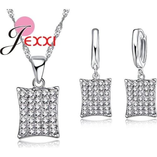 Women Casual Outdoor Jewelry Sets Rectangle Shape CZ 925 Sterling Silver Chain Drop Earrings+Necklace Pendant