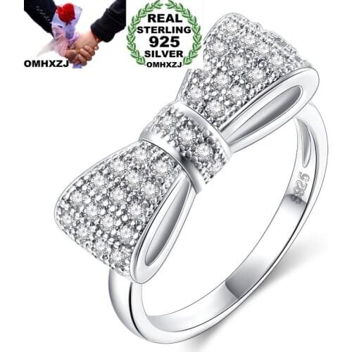OMHXZJ Wholesale European Fashion Woman Girl Party Wedding Gift Silver White Bowknot AAA Zircon S925 Sterling Silver Ring RR302