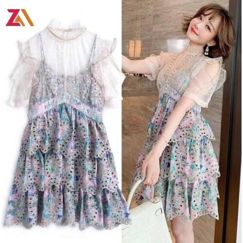 ZALady sexy party night club mini dresses for women hollow out embroidery elegant mesh patchwork holiday dress vestido traf robe