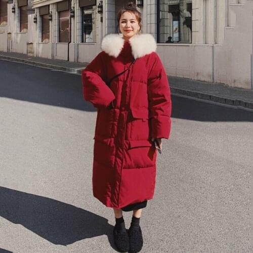 Womens Winter Solid Color Cotton Coat Long Loose Hooded Big Fur Collar Thick Pockets High Quality Lining Bread Fashion Jacket