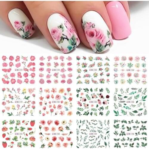 12pcs Pink Rose Nail Water Transfer Stickers Mixed Charm Leaves Strawberry Texture Slider Design Nail Decoration NLBN1777-1788
