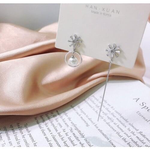 Long Tassel Earrings 925 Sterling Silver Freshwater Pearls Zircon Noble Jewelry Flower Shell Shining Colorful Crystal Earing