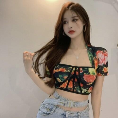 Womens Square Collar Sexy Sweet Exposed Navel Floral Printed Slim T-Shirt Summer Casual Short Sleeves Tee Top