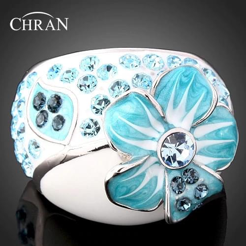 Chran Classic Brand Jewelry Enamel Flower Wedding Rings for Women Fashion Rhodium Plated Crystal Finger Rings Valentines Gift