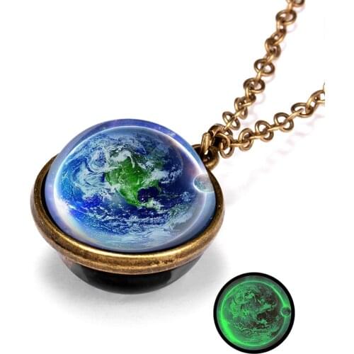 Planet Necklace Personality Galaxy Nebula Universe Luminous Double-sided Retro Pendant Necklace Valentines Day Gift Necklace