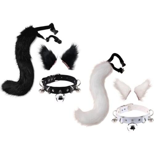 Null Adult Kids 3 Pieces Plush Cat Ears Hair Clip Furry Wolf Tail with Faux Leather Bell Neck Choker Necklace Set Anime