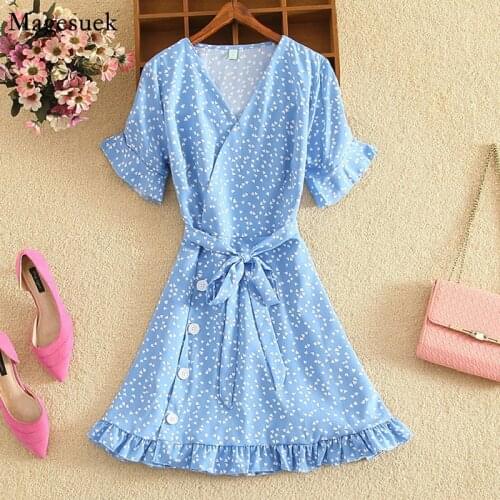 Summer Print Chiffon Dress Women Summer Robes Short Sleeve Lace Up Short Dress Party Beach Holiday Ruffles Casual Dresses 15859
