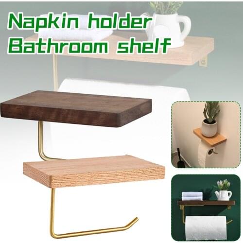 Bathroom Floating Shelf Natural Wood Wall Mount With Under Shelf Paper Towel Holder Waterproof Storage Shelf Bathroom Organizer
