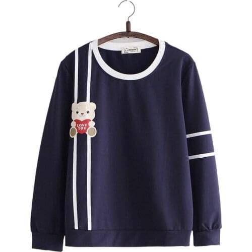 Striped Cartoon Bear Print Casual Pullover Hoodies Sweatshirt Women 2020 Autumn Long Sleeve O-neck Girly Loose Female Basic Tops