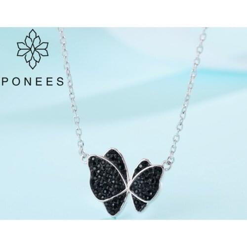 PONEES New Arrival White Gold With Black Crystal Branded Butterfly Necklace For Women Wedding Jewelry Gifts