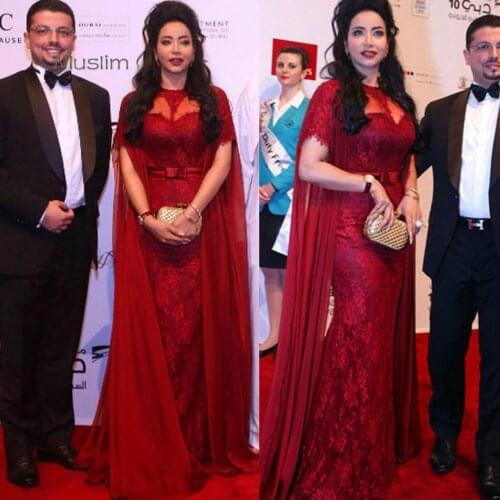 Plus Size Kaftan Dubai Red Evening Dress Lace Short Sleeve Mermaid Prom Dress 2021 Elegant Formal Dress O Neck Arabic Evening