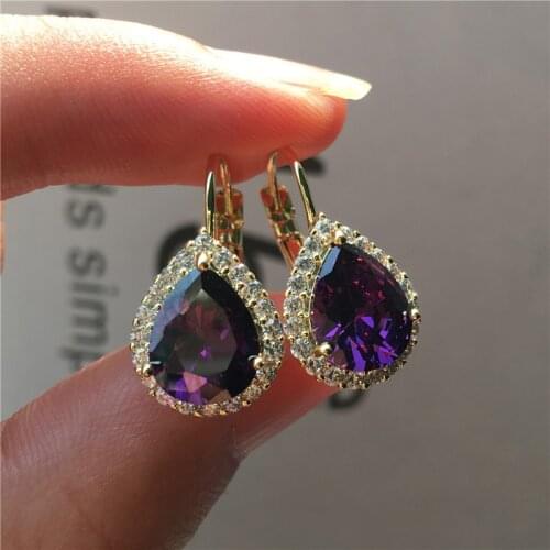 Luxury Female Small Teardrop Earrings Gold Color Clip Earrings For Women Crystal White Blue Red Purple Earrings