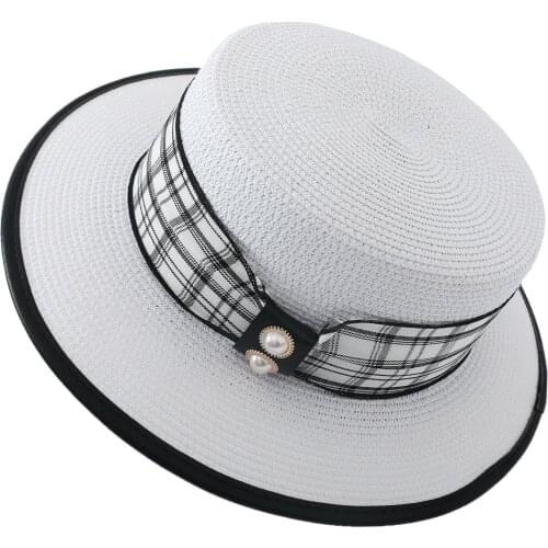 Summer British womens straw hat, retro plaid top hat, sunscreen sun hat, travel and leisure beach hat