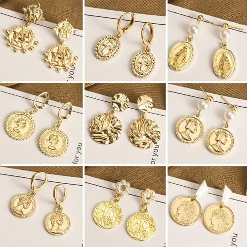 Vintage Unusual Metal Portrait Coin Earrings For Women Statement Gold Color Geometric Drop Earrings 2021 Trend Female Jewelry