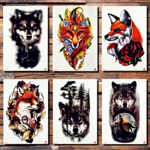 FANRUI Tribal Fire Fox Rose Wolf Leaves Pine Tree Temporary Tattoo Sticker Moon Waterproof Tattoos Body Art Arm Fake Tatoo Men