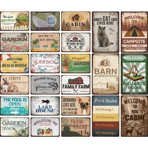 Welcome Tin Sign Garden Farmhouse Funny Signs Vintage Metal Beach Poster Cat Dog Painting Wall Decor For Bar Home Tin Plaques