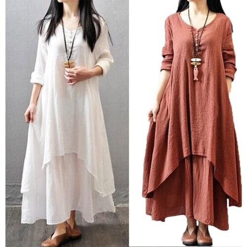 Spring and Summer Womens Long Skirt Long Sleeve Plus Size Fake Two-piece Round Neck Dress Office Casual Loose Cotton Linen