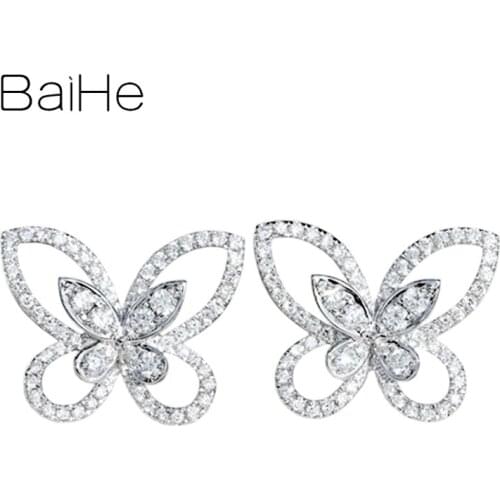 BAIHE Genuine Solid 14K White Gold 0.82CT H/SI Sparkling Diamond Wedding Trendy Fine Jewelry butterfly Earrings Women Cерьги