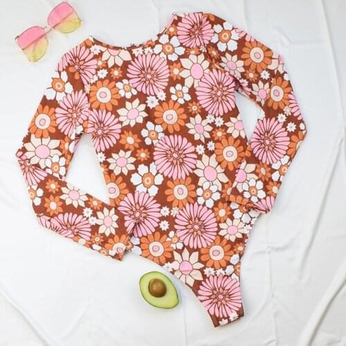 Womens One-Piece Long Sleeve Surfing Rash Guard Zip Front Floral Printed Swimsuit Monokini High Cut Push Up Padded Slim