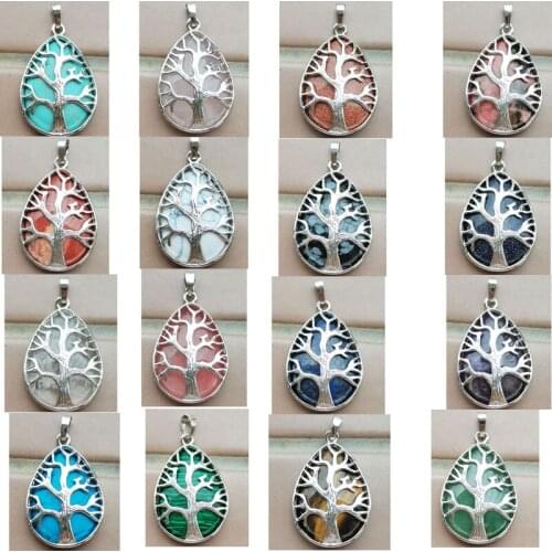 Life of Tree - Tiger Eye Howlite Malachite Crystal Opal Aventurine Cherry Quartz Blue Sand Water Drop Pendant Bead D0268