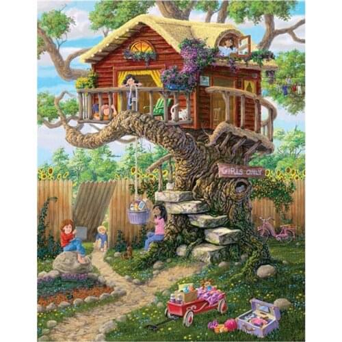 DIY Diamond Painting Tree House Diamond Embroidery Round Resin Diamond Cross Stitch Home Wall Decor 30X40cm