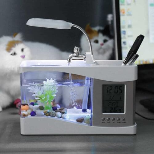 White Color USB Desktop Mini Aquarium Fish Tank with LED Light LCD Display Screen and Clock Fish Tank Decoration with Pebbles