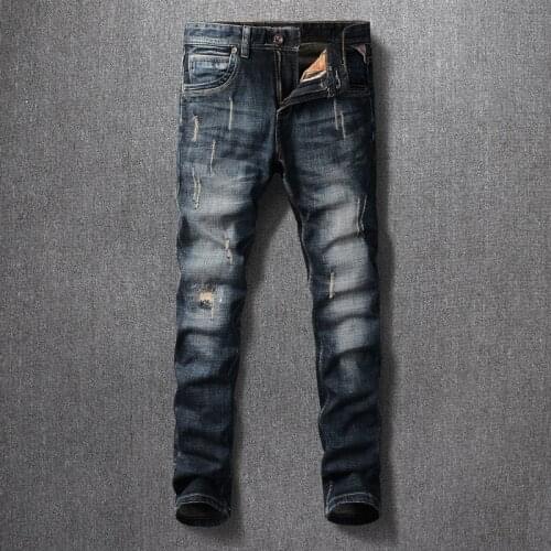 Italian Style Fashion Men Jeans Vintage Designer Slim Fit Ripped Denim Cotton Trousers Streetwear Retro Black Blue Hip Hop Pants