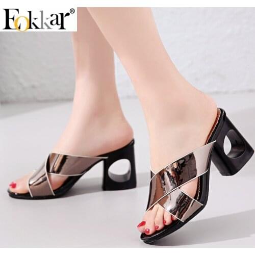 Eokkar 2019 Women Sandals Block Heel Open Toe Slip on Women Pumps Patent Leather Ladies Mules Shoes Slingbacks Pumps Size34-45