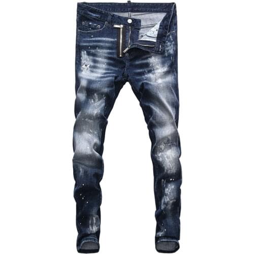 European Street Fashion Men Jeans Retro Dark Blue Distressed Slim Fit Ripped Jeans Men Painted Designer Hip Hop Denim Punk Pants