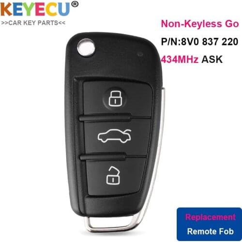 KEYECU Flip Remote Control Car Key for Audi A3 S3, Fob 3 Buttons - 433MHz ASK - Megamos AES S Chip - 8V0 837 220 / 8V0837220