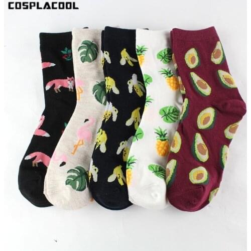 [COSPLACOOL]Harajuku Cute Flamingos/Avocado/Pineapple Novelty Socks Women Kawaii Animal Fruit Socks Plant Funny Calcetines Mujer