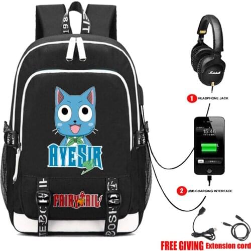 Multifunction USB charging teenagers travel Bags Men womens Laptop bag Student book Bags for anime Fairy Tail backpack 8 style