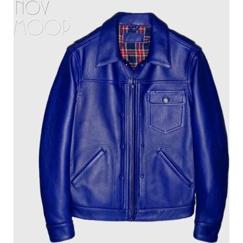 Novmoop Japanese style thick cowhide genuine leather mens jacket bright blue color daily chic Veste de cuir LT3485