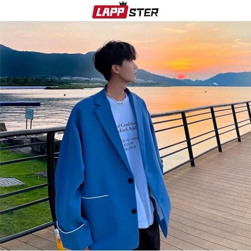 LAPPSTER Mens Notched Collar Oversized Causal Blazers 2021 Korean Fashion Men Suit Jackets Coats Male Hip Hop Solid Blazer 5XL
