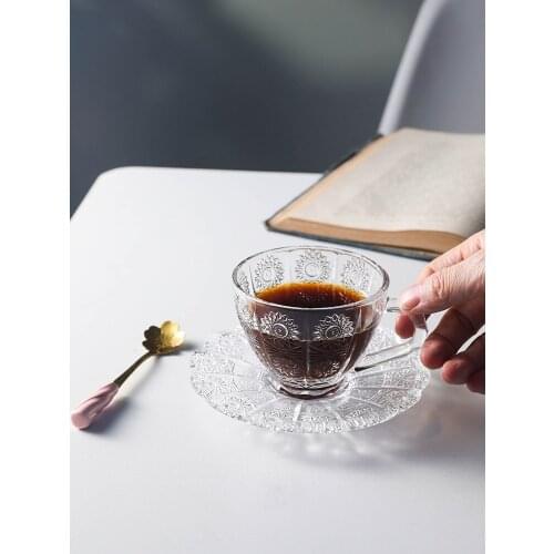 Nordic Coffee Cup And Saucer Set Vintage Palace Relief Glass Coffee Mugs Afternoon Flower Tea Cups Tazas De Cafe Drinkware