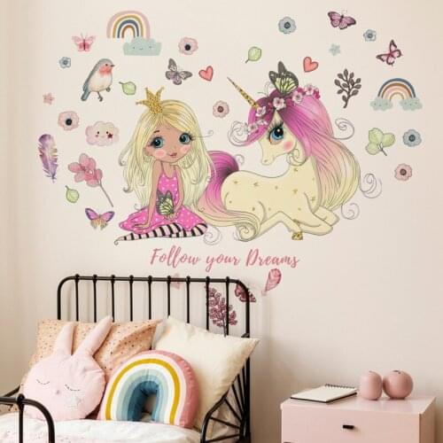 NEW Cartoon Princess Girl Wall Stickers DIY Unicorn Animal Wall Decals For Kids Bedroom Baby Room Nursery Home Decoration