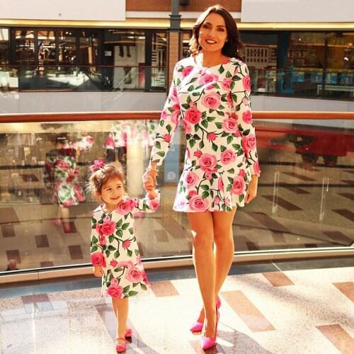 Mommy And Me Clothes Mother Daughter Dresses Family Matching Outfits Knee-length Dress Fashion Floral Print Half Sleeve