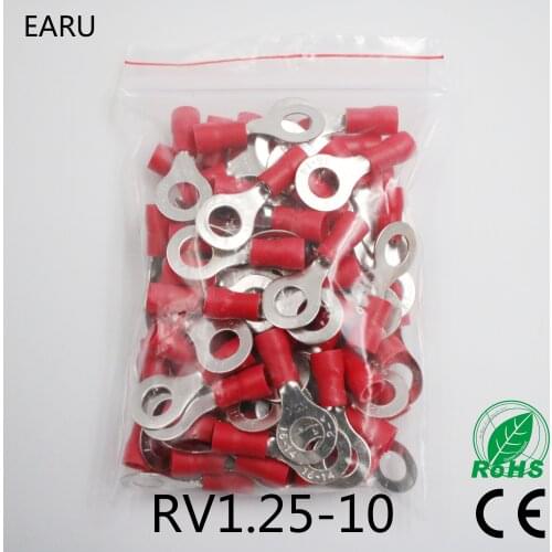 RV1.25-10 Red 22-16 AWG 0.5-1.5mm2 Insulated Ring Terminal Connector Cable Wire Connector 100PCS/Pack RV1-10 RV
