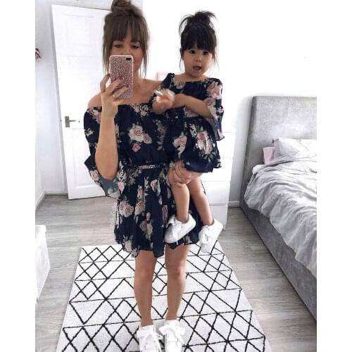 Mother and Daughter Boho Dresses Fashion Parent-child Off-shoulder Dress Family Matching Outfits Mom Half Sleeve Printed Dresses