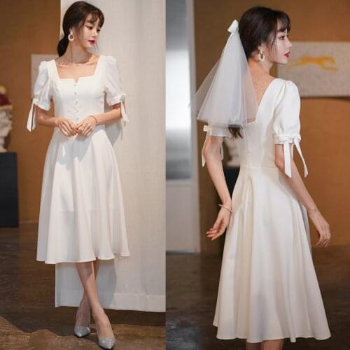 Short Sleeves Tea Length Wedding Dress Simple Satin Square Neck Zipper Button 2021 Cheap Plus Size Low Back Bridesmaid Gown 4218
