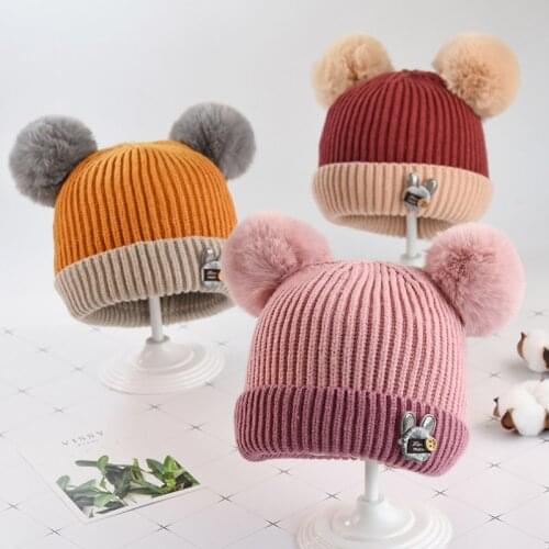 Winter Newborn Cute Warm Kids Girls Boys Baby Cartoon Bear Hats Knitted Wool Hemming Caps With Ball